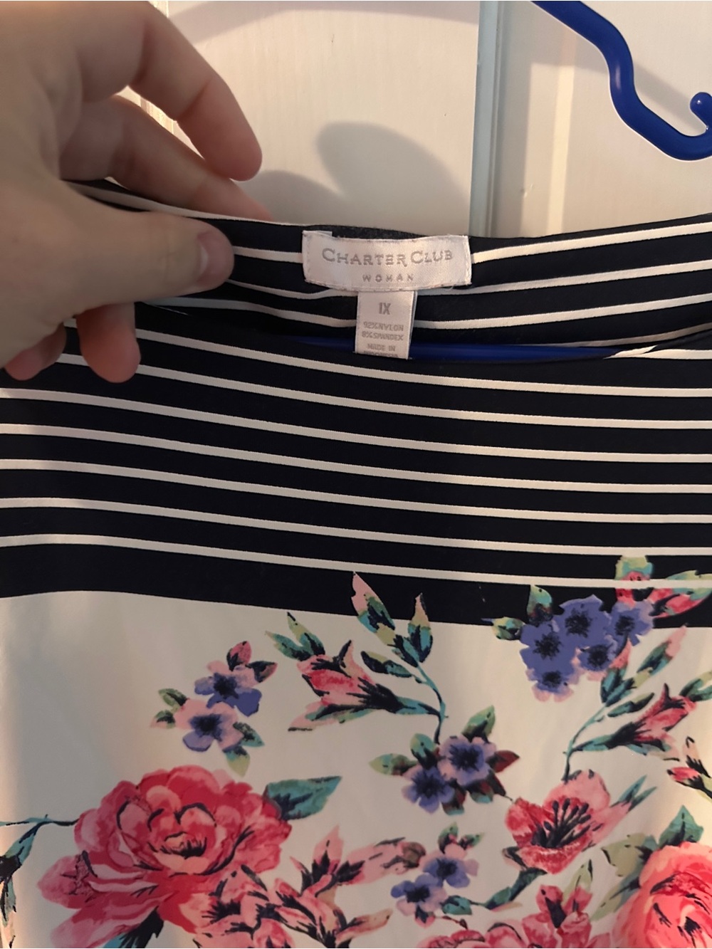 Charter Club Woman Navy Stripe Floral Boat Neck 3/4 Sleeve Top 1X - Picture 2 of 3